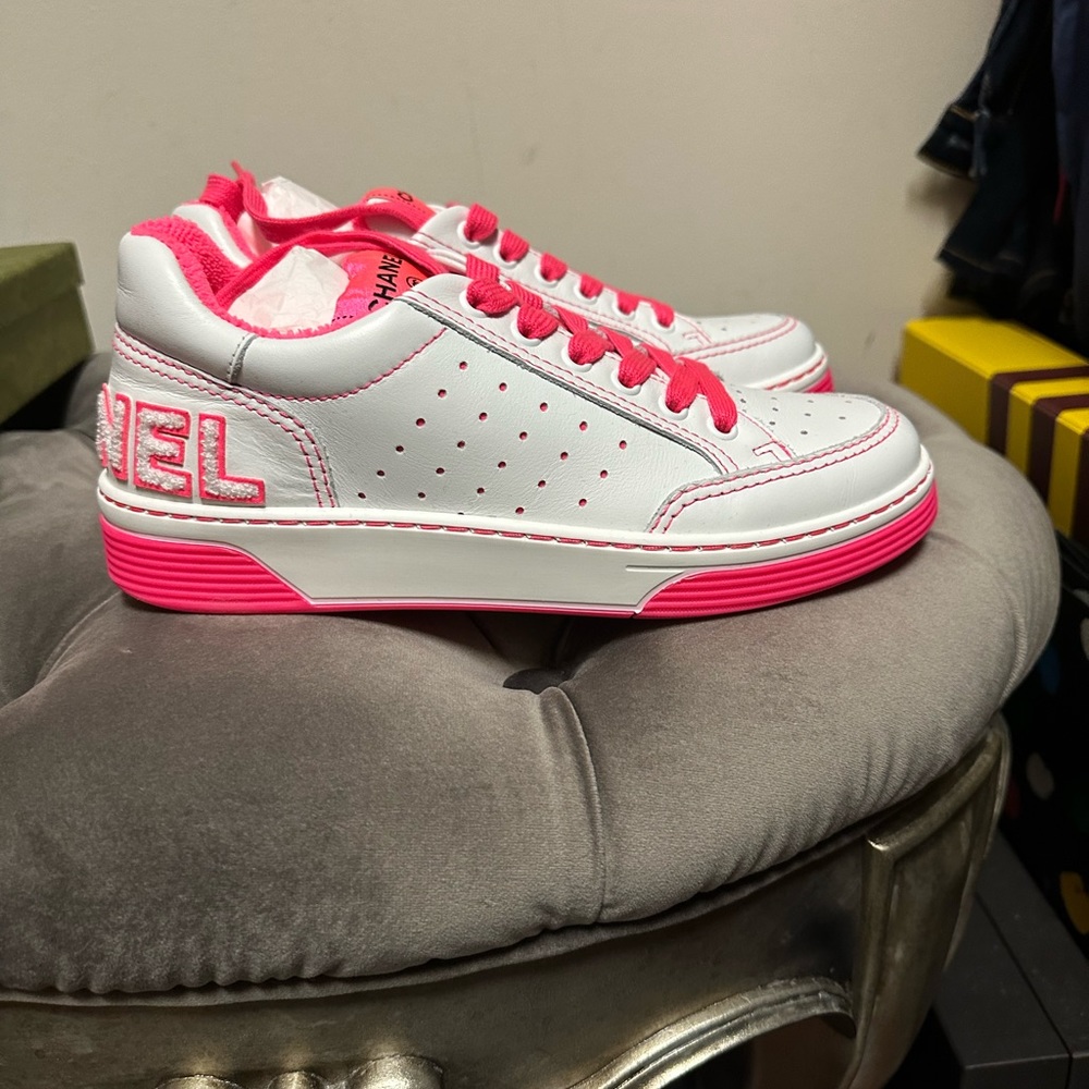 Authentic New With Tags Chanel Neon Fuchsia & White Sneakers - Picture 2 of 9